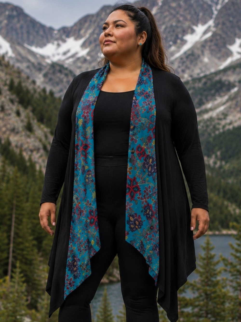 Tammy Beauvais Designs Indigenous Floral Beaded Design Collar Black Cardigan